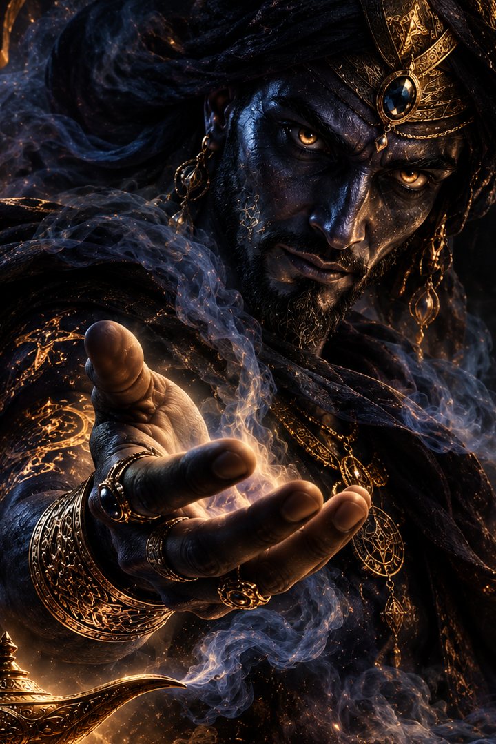 El Djinn, de ojos ámbar, entre humo y reflejos dorados.