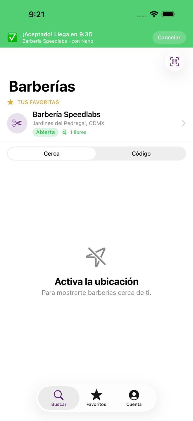 Barra de estado en vivo: aceptado, llega en 9:53